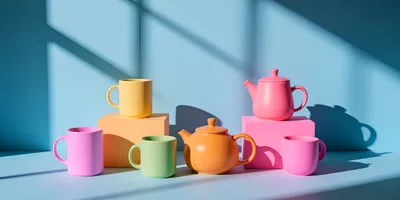 Colorful Ceramic Teapots and Mugs on Pedestals