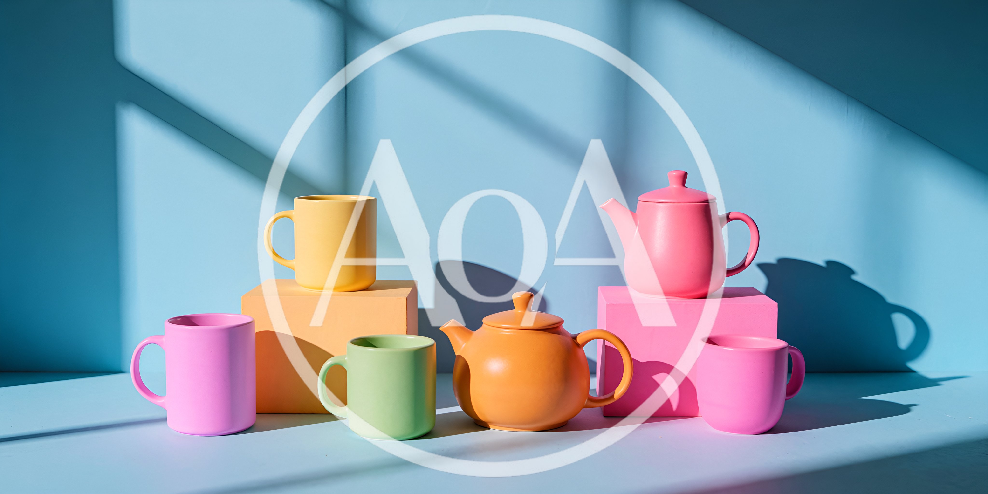Colorful Ceramic Teapots and Mugs on Pedestals