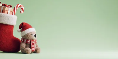 Teddy Bear With Santa Hat And Christmas Stocking