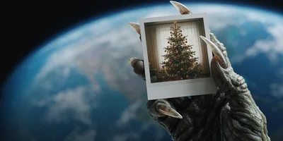 Alien Hand Holding A Christmas Tree Polaroid In Space