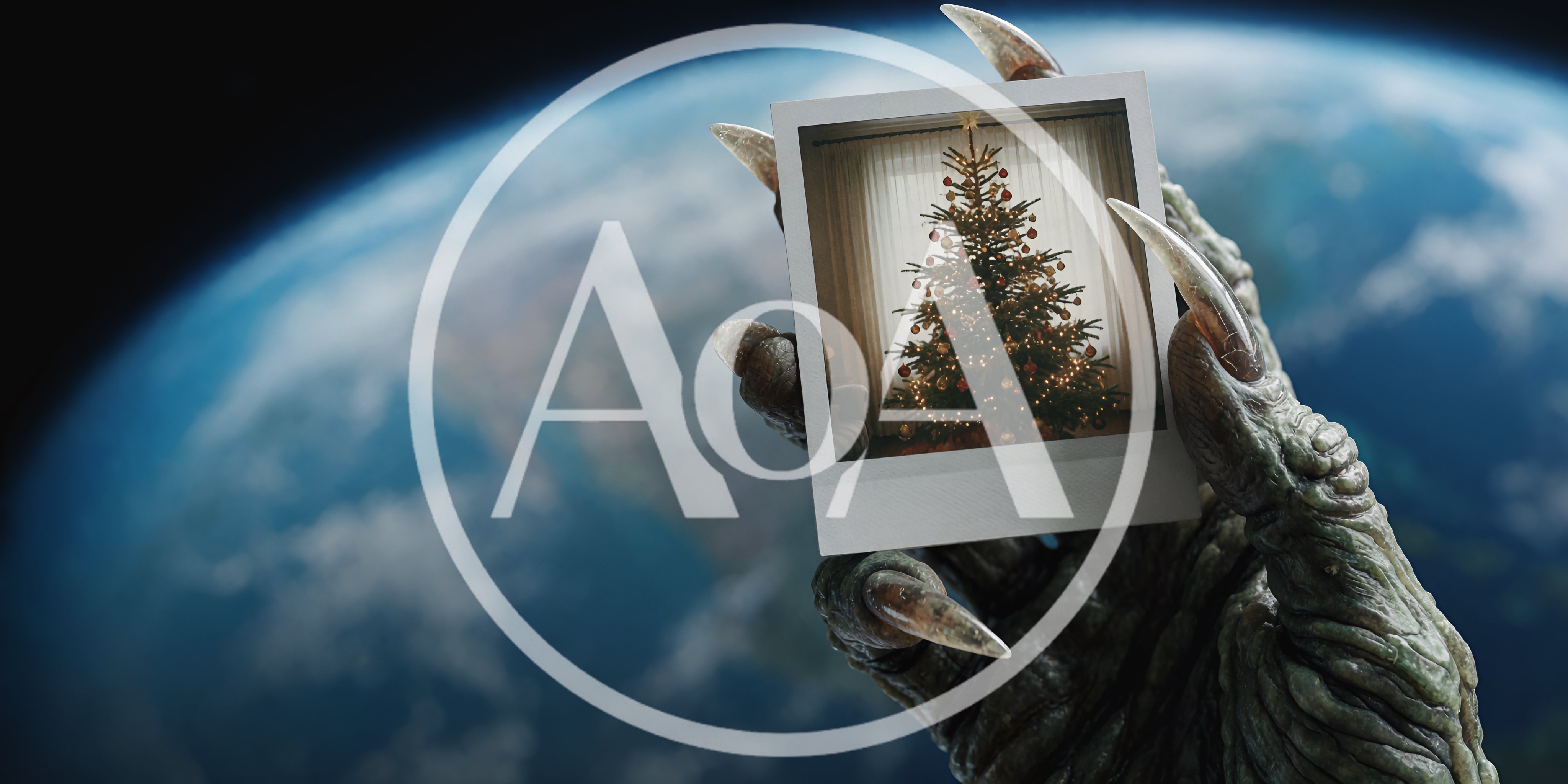 Alien Hand Holding A Christmas Tree Polaroid In Space