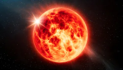 Glowing Red Star In Deep Space