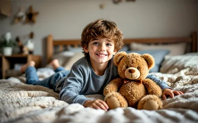 Happy Young Boy Lying on Bed with Teddy Bear