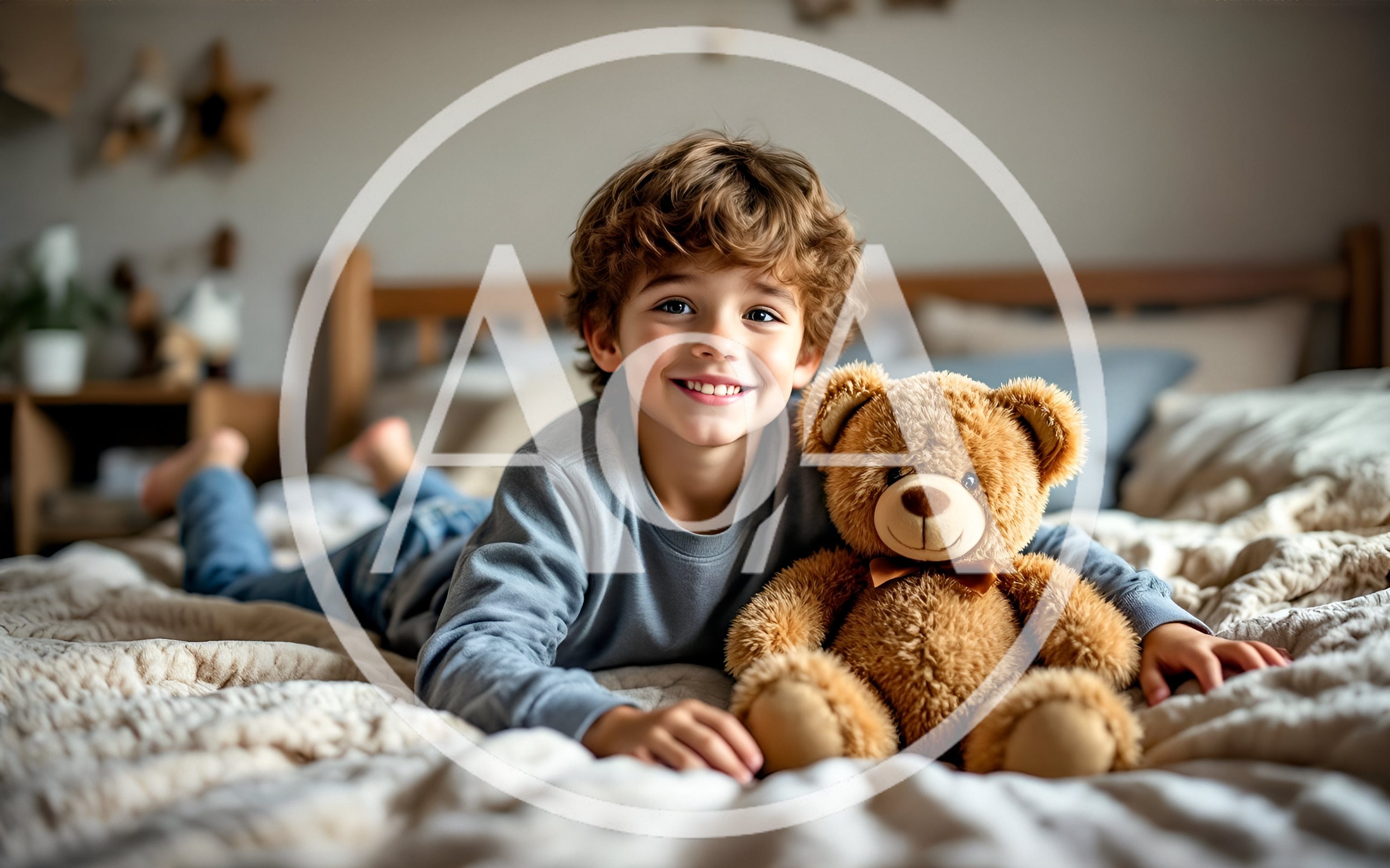 Happy Young Boy Lying on Bed with Teddy Bear
