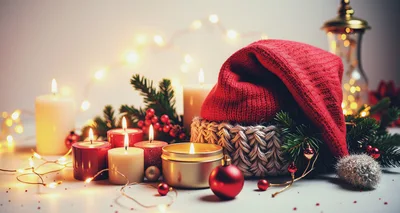 Christmas Decorations With Candles And Red Knit Hat