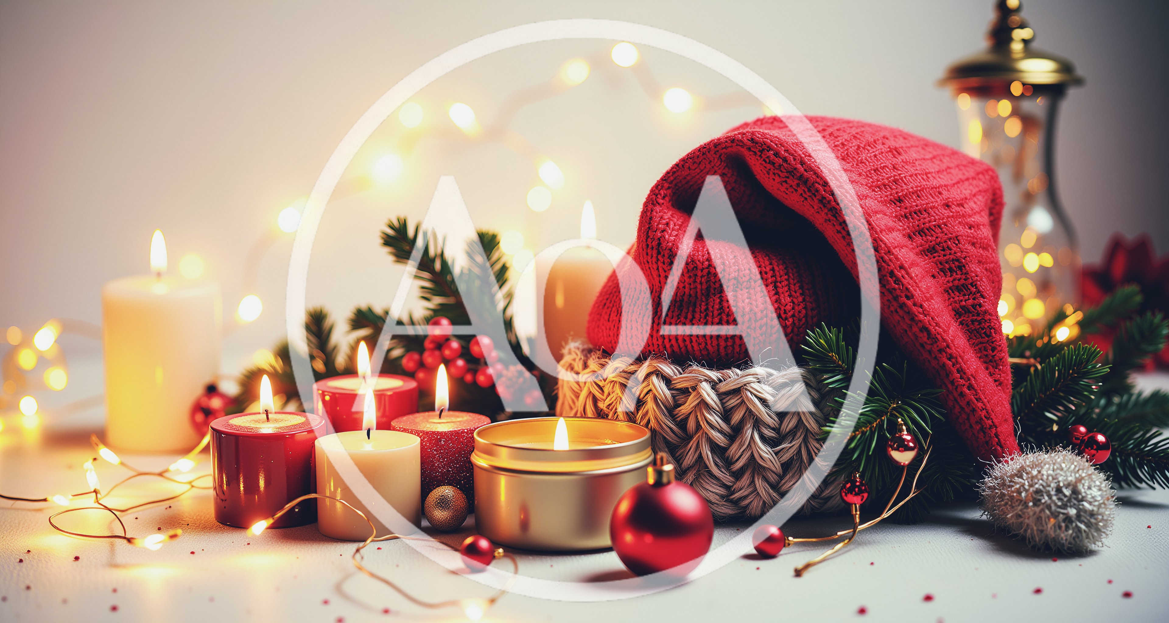 Christmas Decorations With Candles And Red Knit Hat