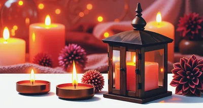 Cozy Still Life With Candles And Decorative Flowers