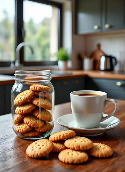 Coffee Cup and Jar of Cookies on Kitchen Table