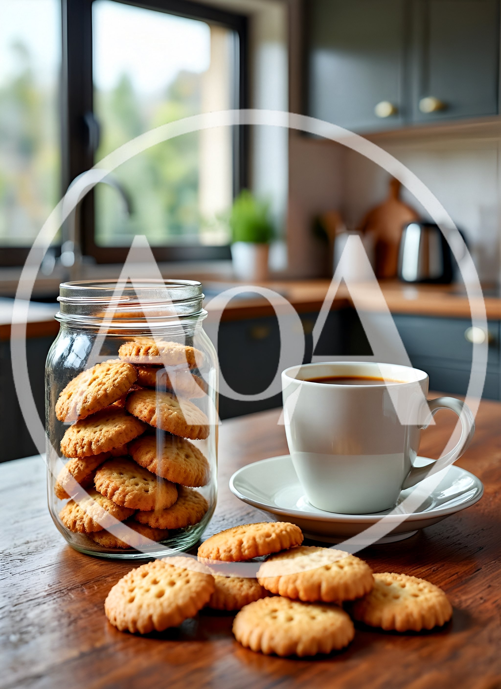 Coffee Cup and Jar of Cookies on Kitchen Table
