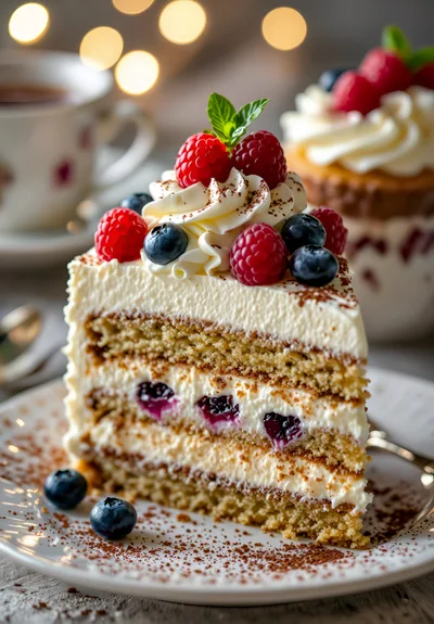 Slice Of Berry Layer Cake With Cream