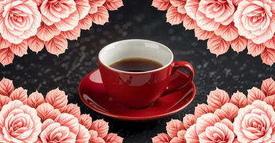 Red Coffee Cup Surrounded By Pink Floral Frame