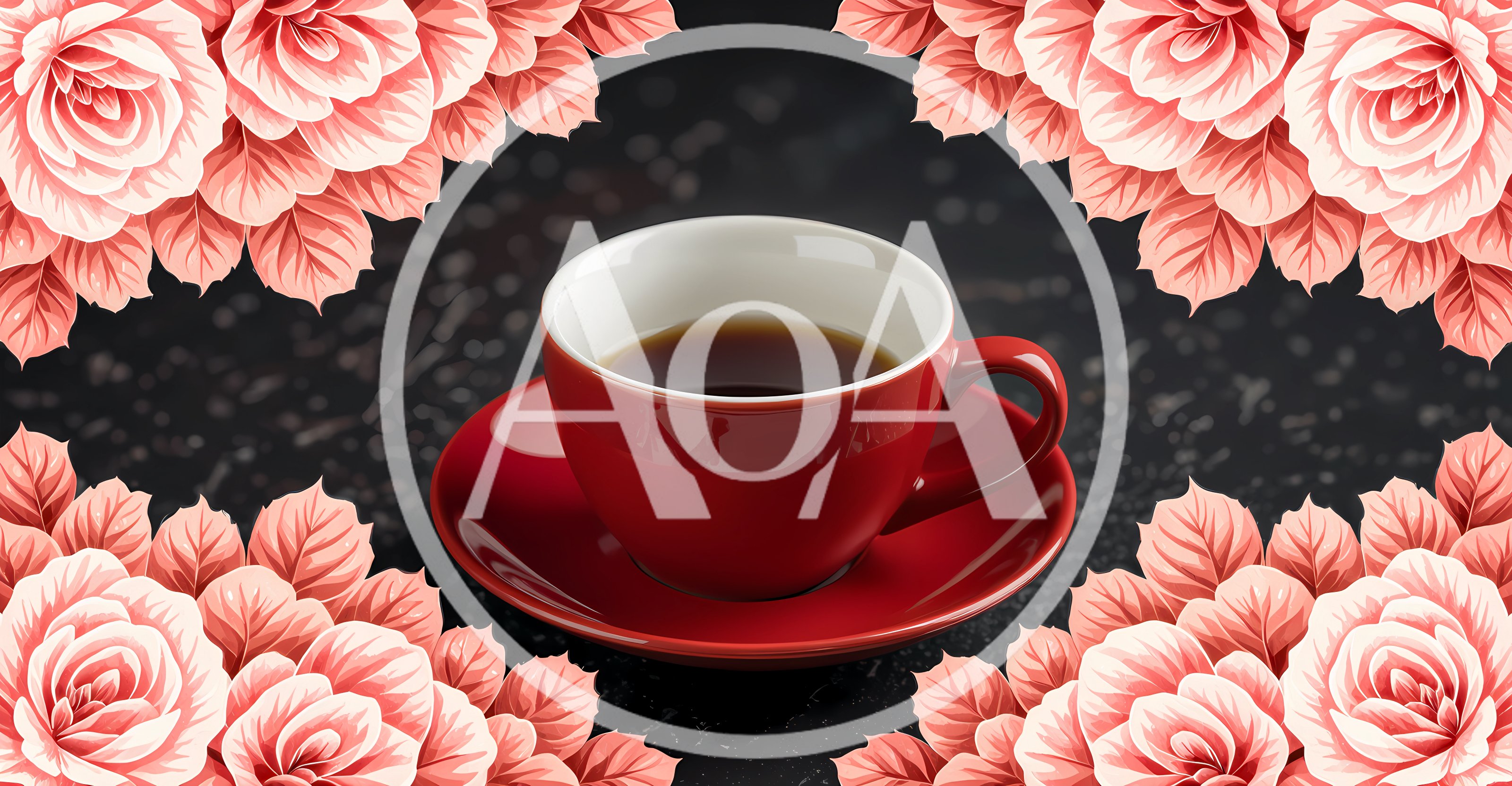 Red Coffee Cup Surrounded By Pink Floral Frame