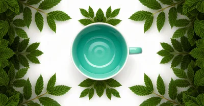Empty Teal Coffee Cup Surrounded By Green Leaves