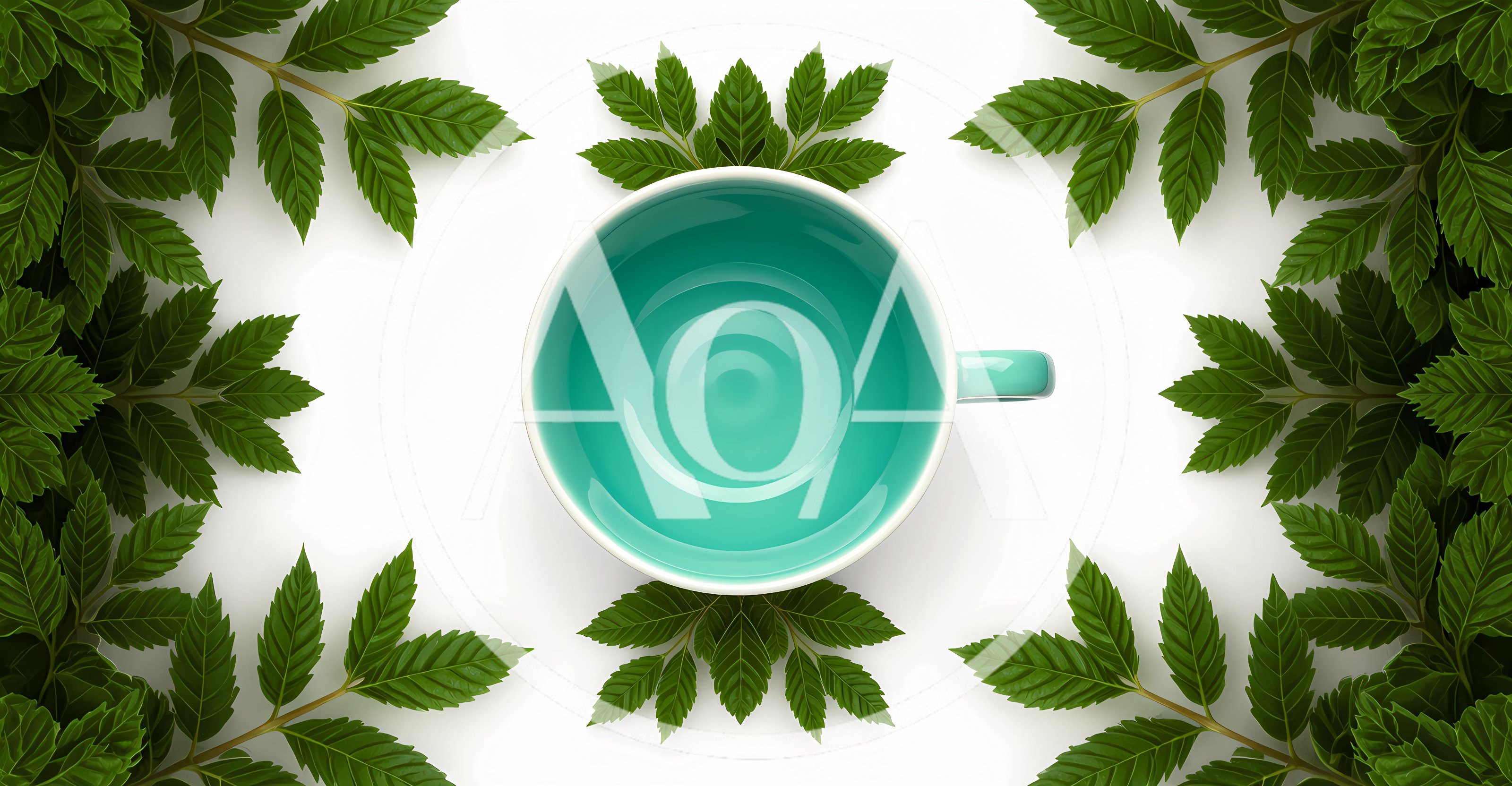 Empty Teal Coffee Cup Surrounded By Green Leaves