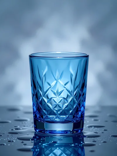 Empty Blue Crystal Whiskey Glass on Wet Surface