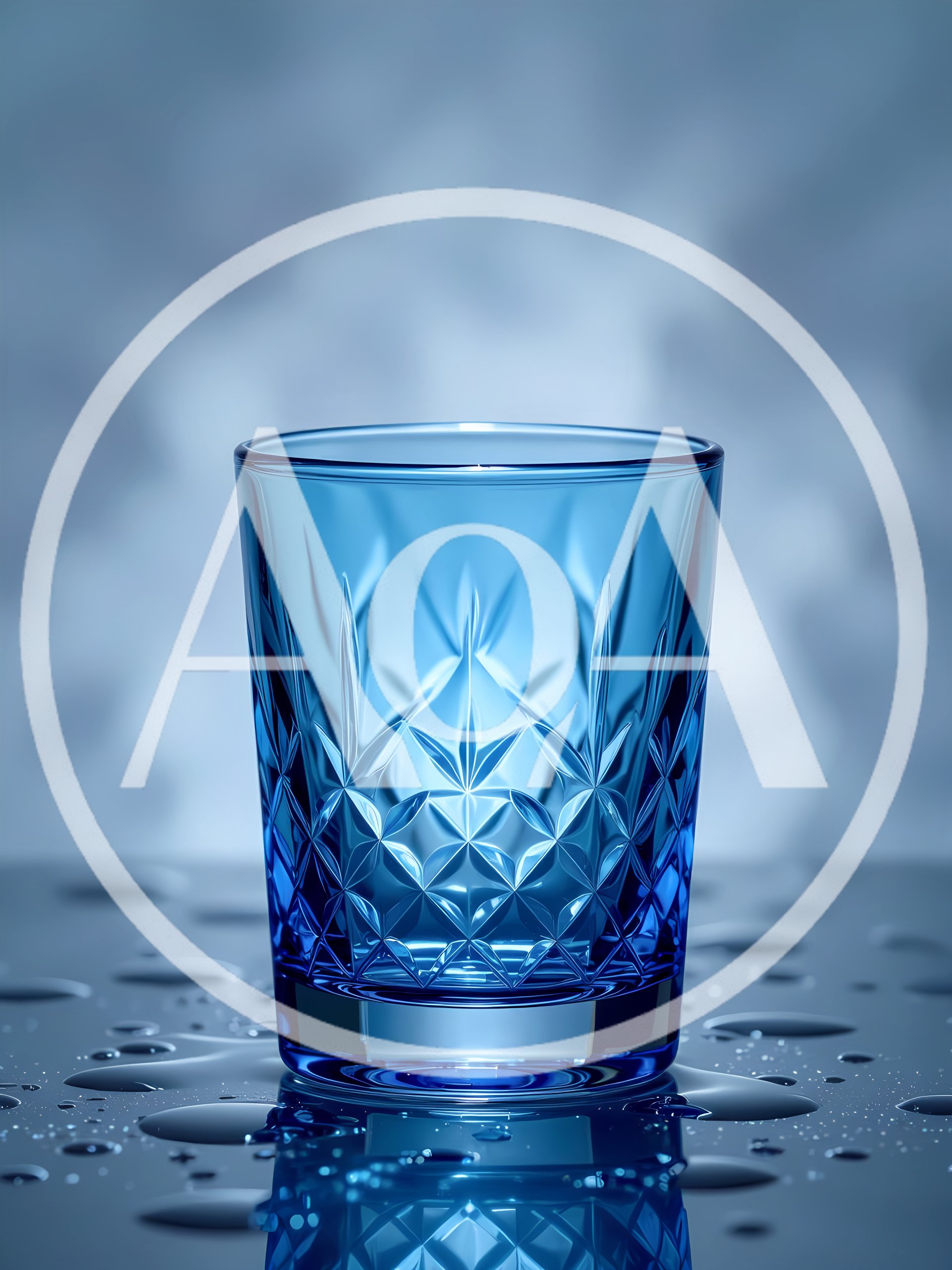 Empty Blue Crystal Whiskey Glass on Wet Surface