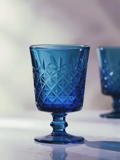 Two Elegant Blue Glass Goblets On A Table