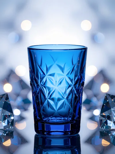 Blue Crystal Glass With Geometric Pattern And Bokeh Background