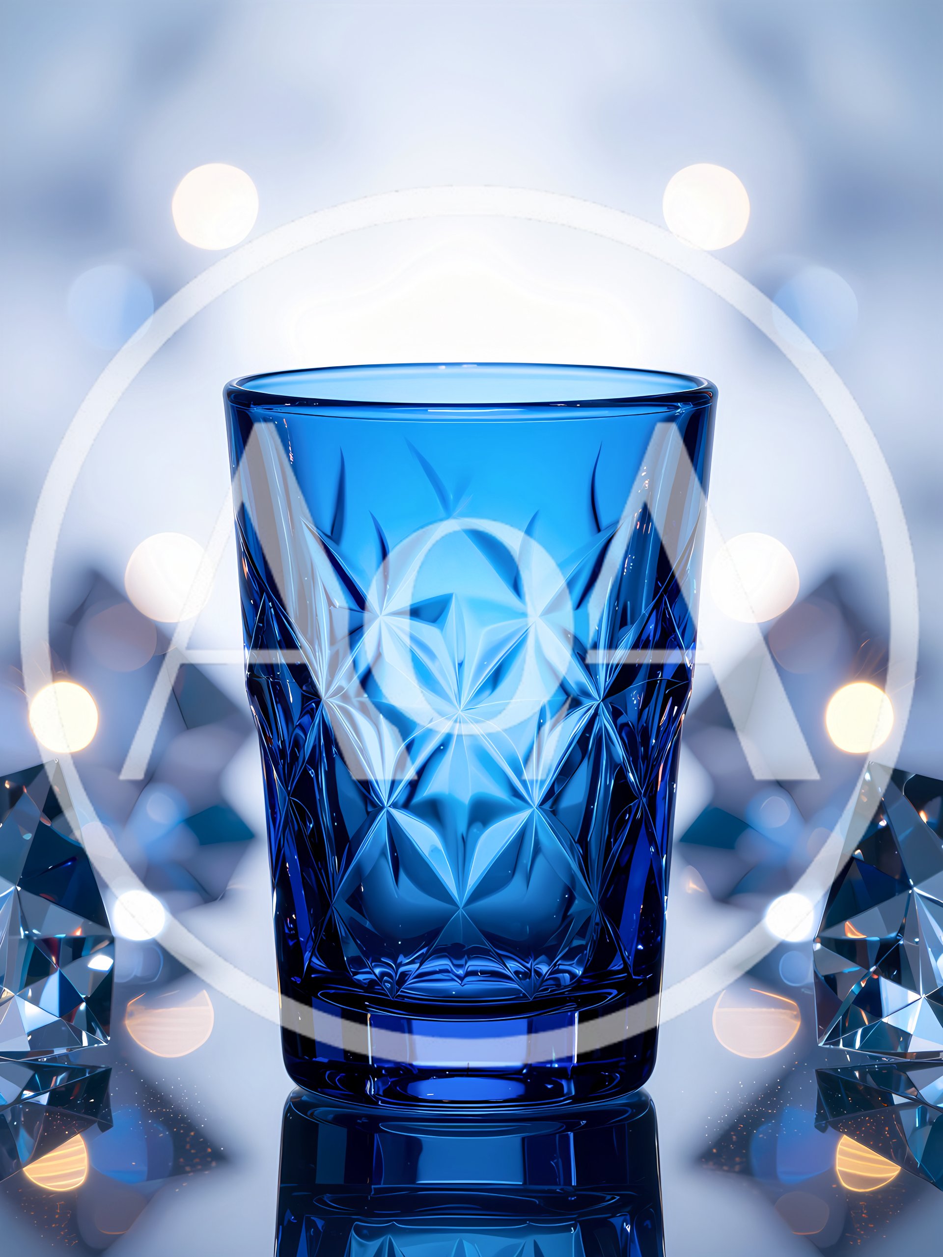 Blue Crystal Glass With Geometric Pattern And Bokeh Background