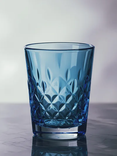 Blue Crystal Glass Tumbler On Reflective Surface
