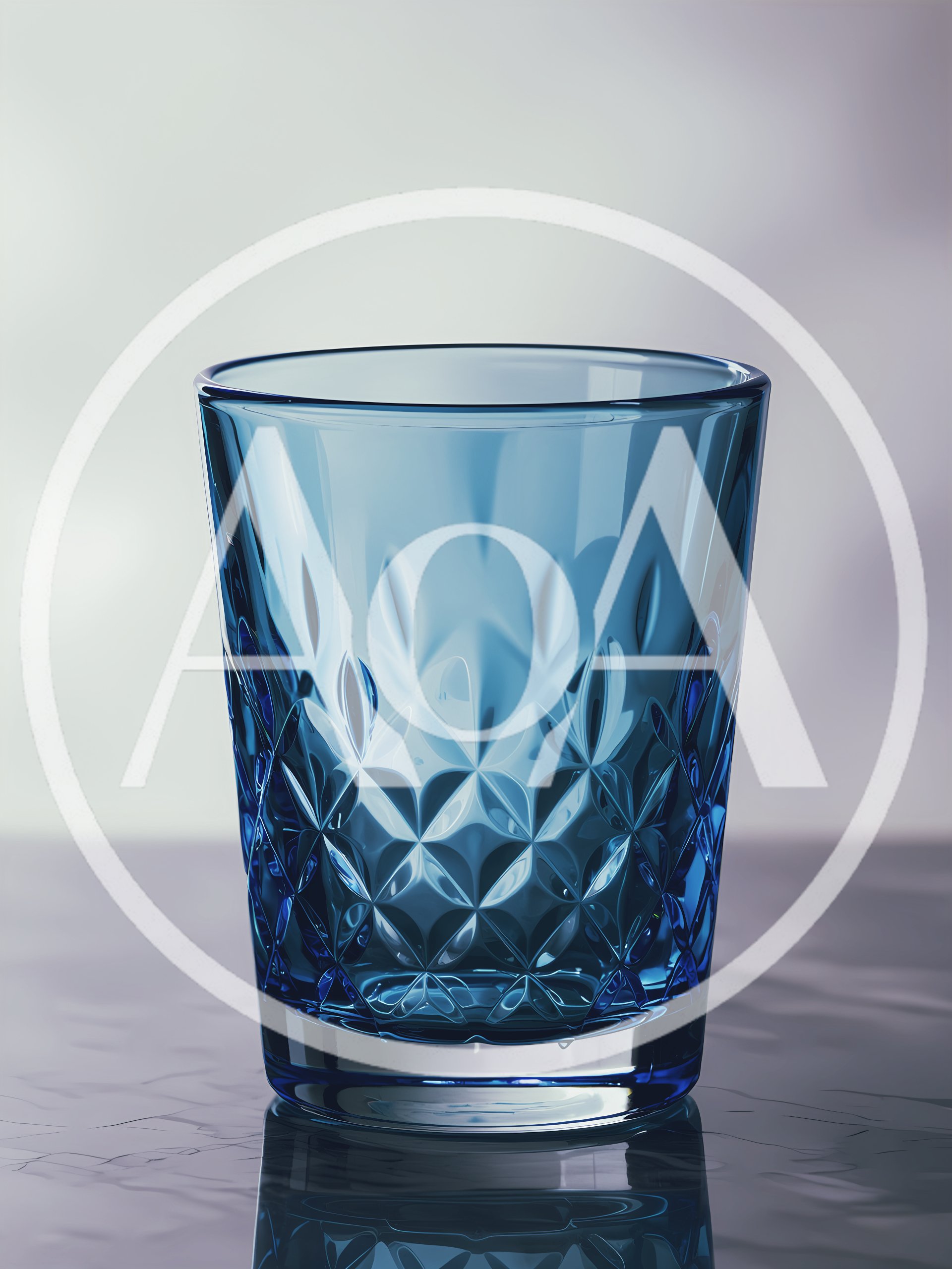 Blue Crystal Glass Tumbler On Reflective Surface