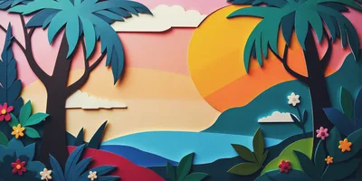 Paper Cutout Tropical Sunset Landscape Illustration