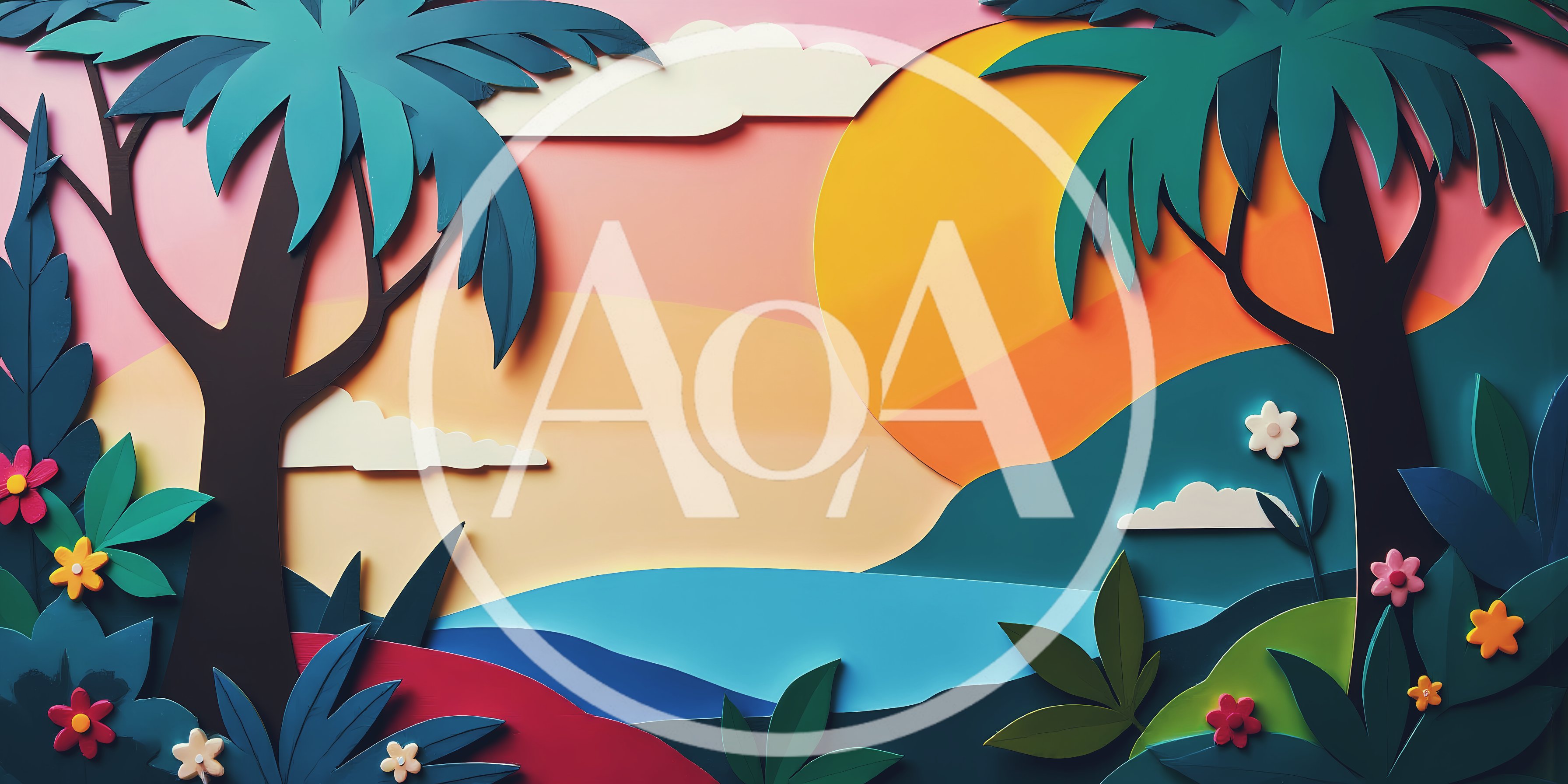 Paper Cutout Tropical Sunset Landscape Illustration