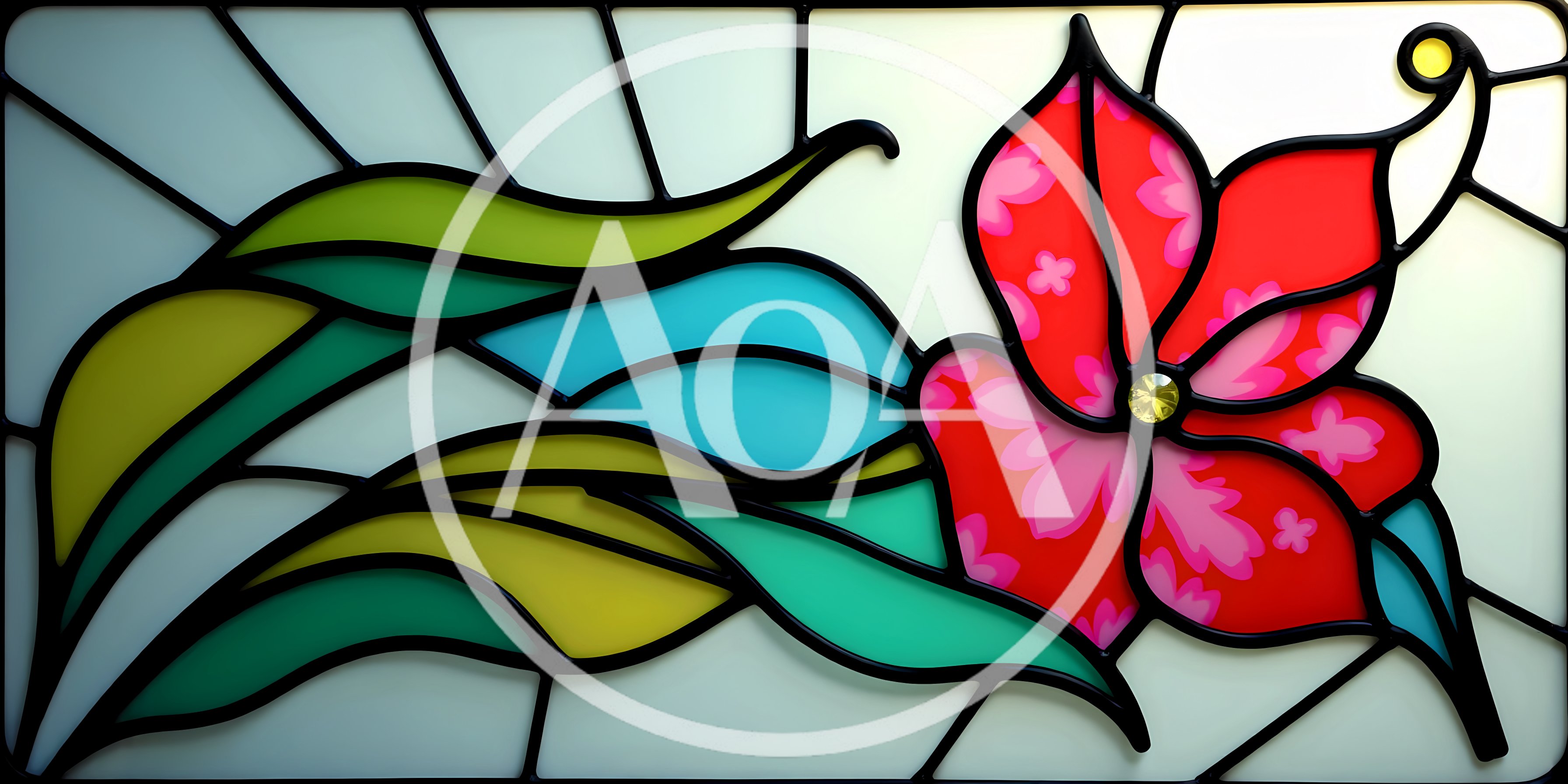 Stained Glass Window Panel Featuring A Vibrant Red Flower