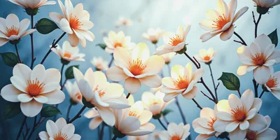 Soft White Magnolia Flowers Blooming Against Blue Background