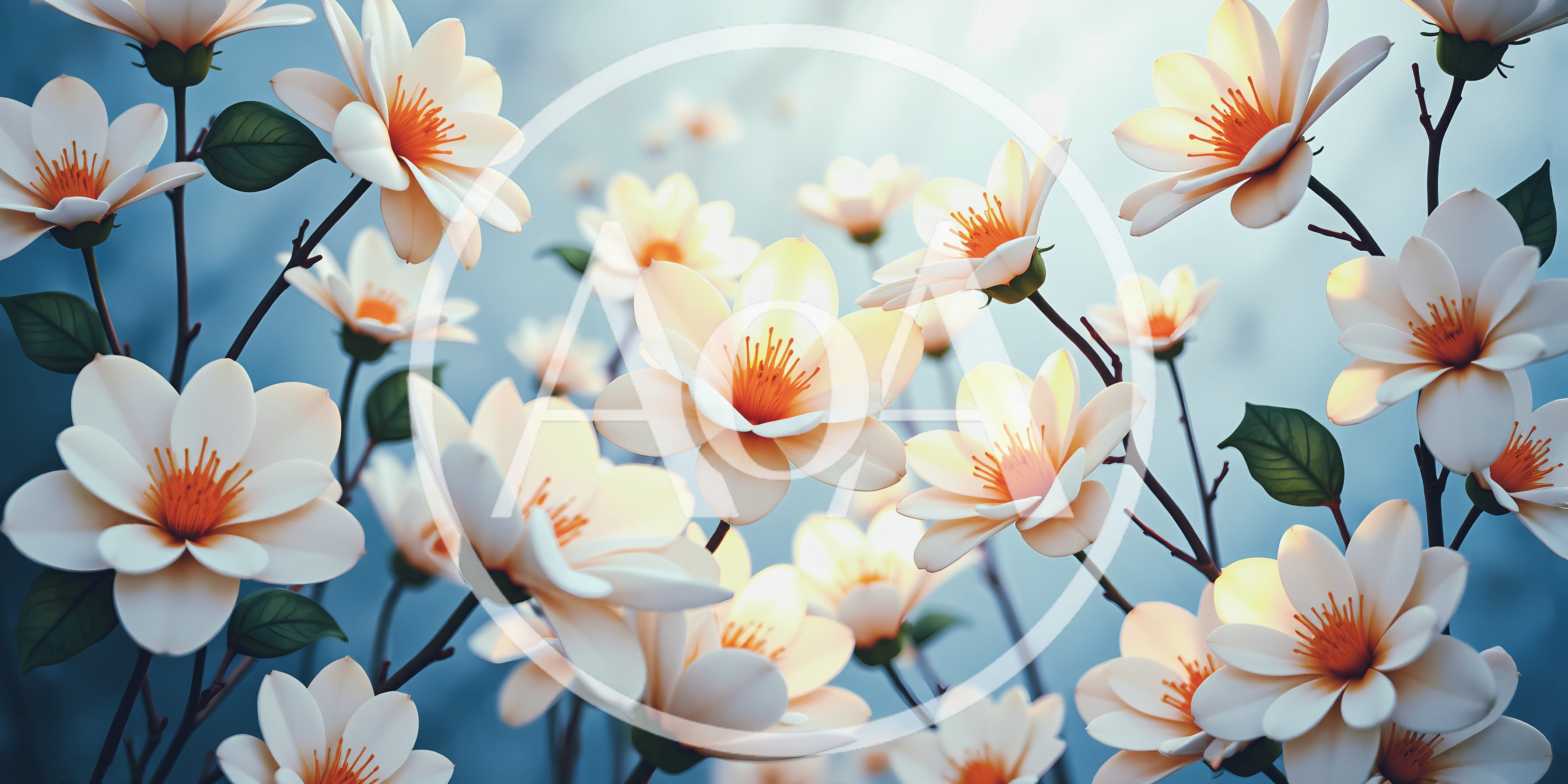 Soft White Magnolia Flowers Blooming Against Blue Background