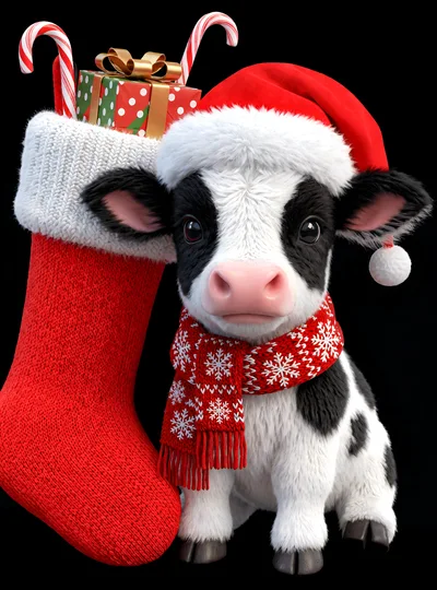 Cute Baby Cow Wearing Santa Hat and Scarf