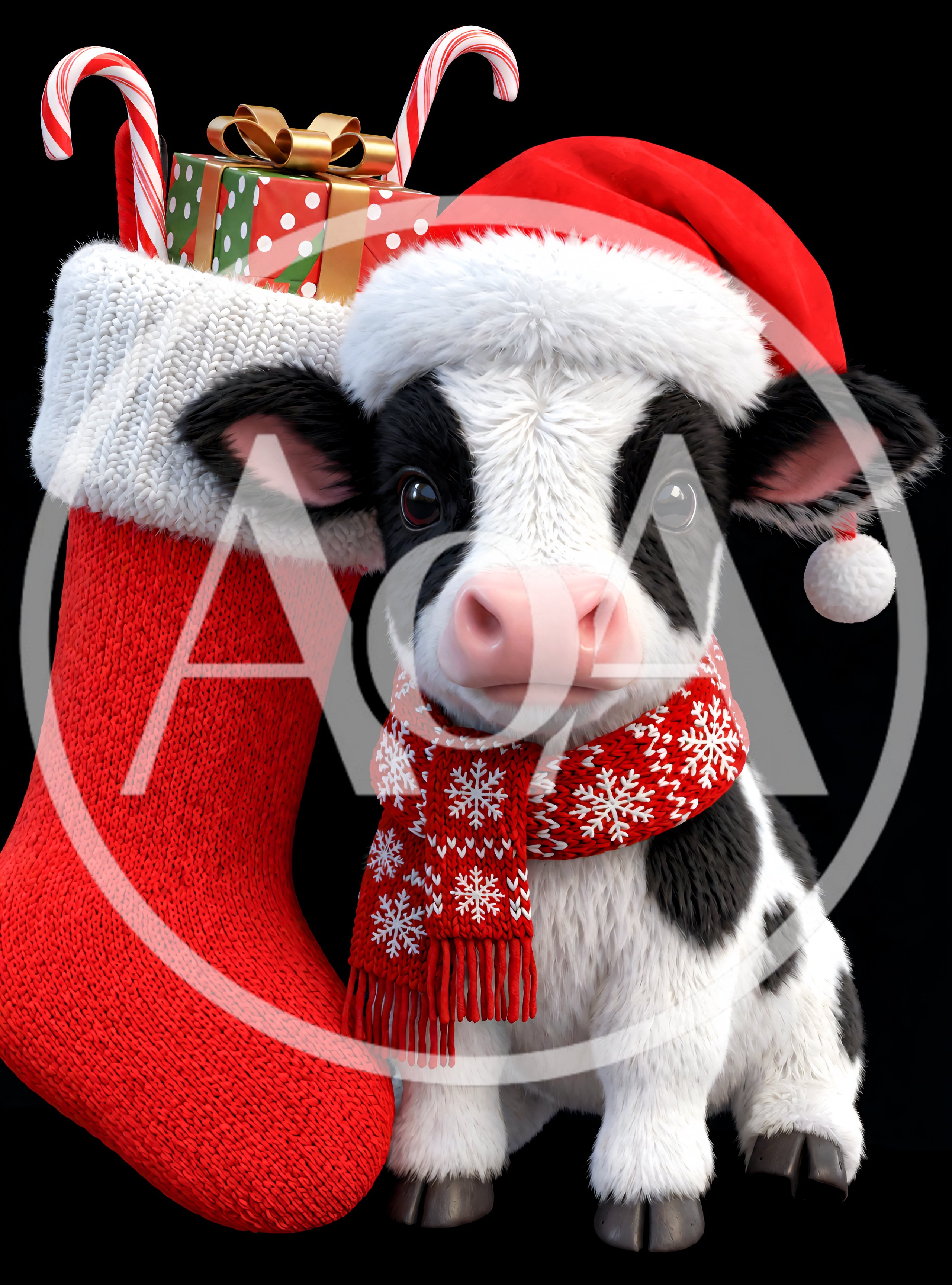 Cute Baby Cow Wearing Santa Hat and Scarf