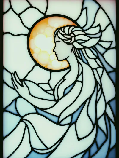 Stained Glass Illustration Of A Woman With A Moon
