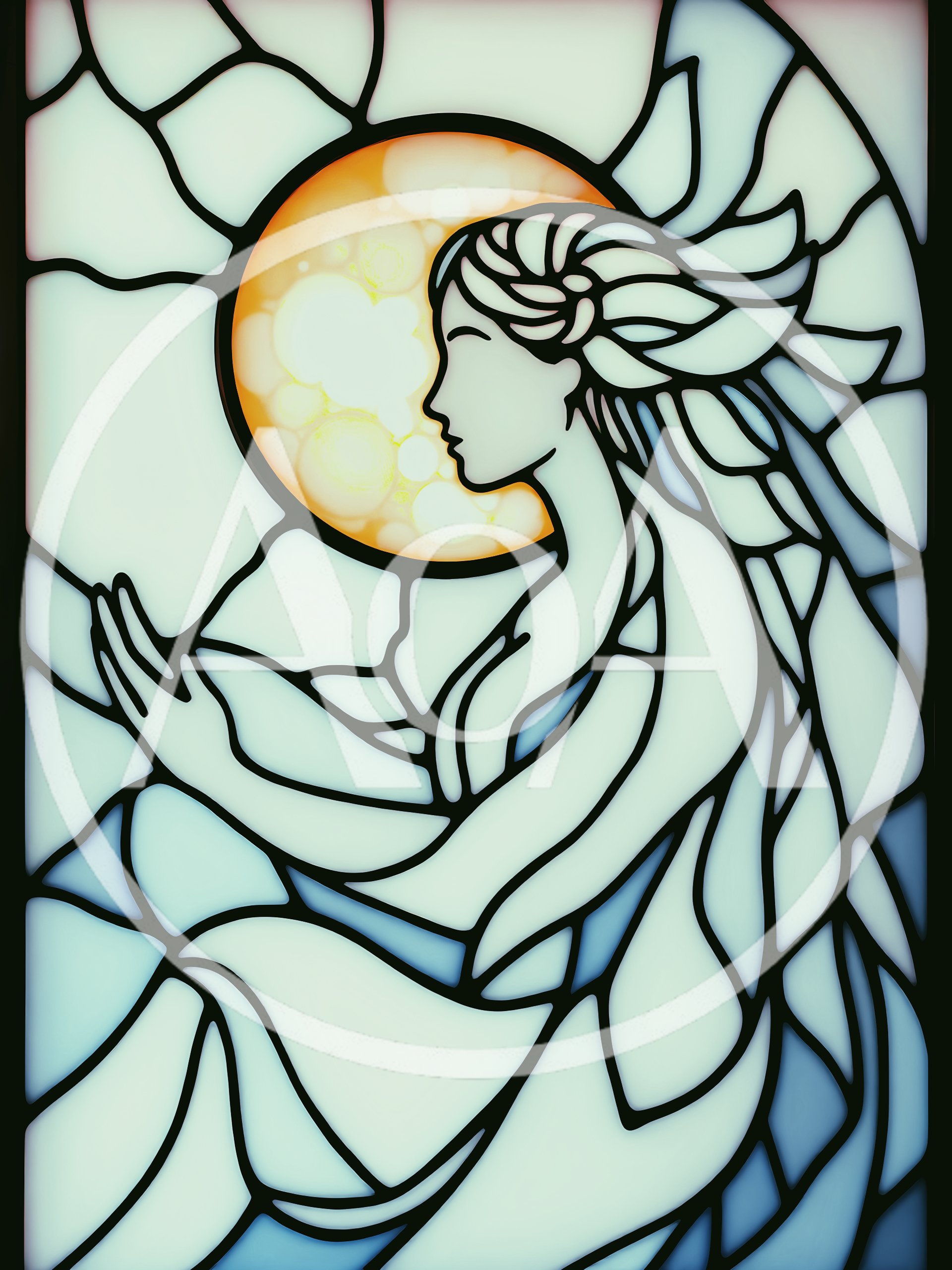 Stained Glass Illustration Of A Woman With A Moon