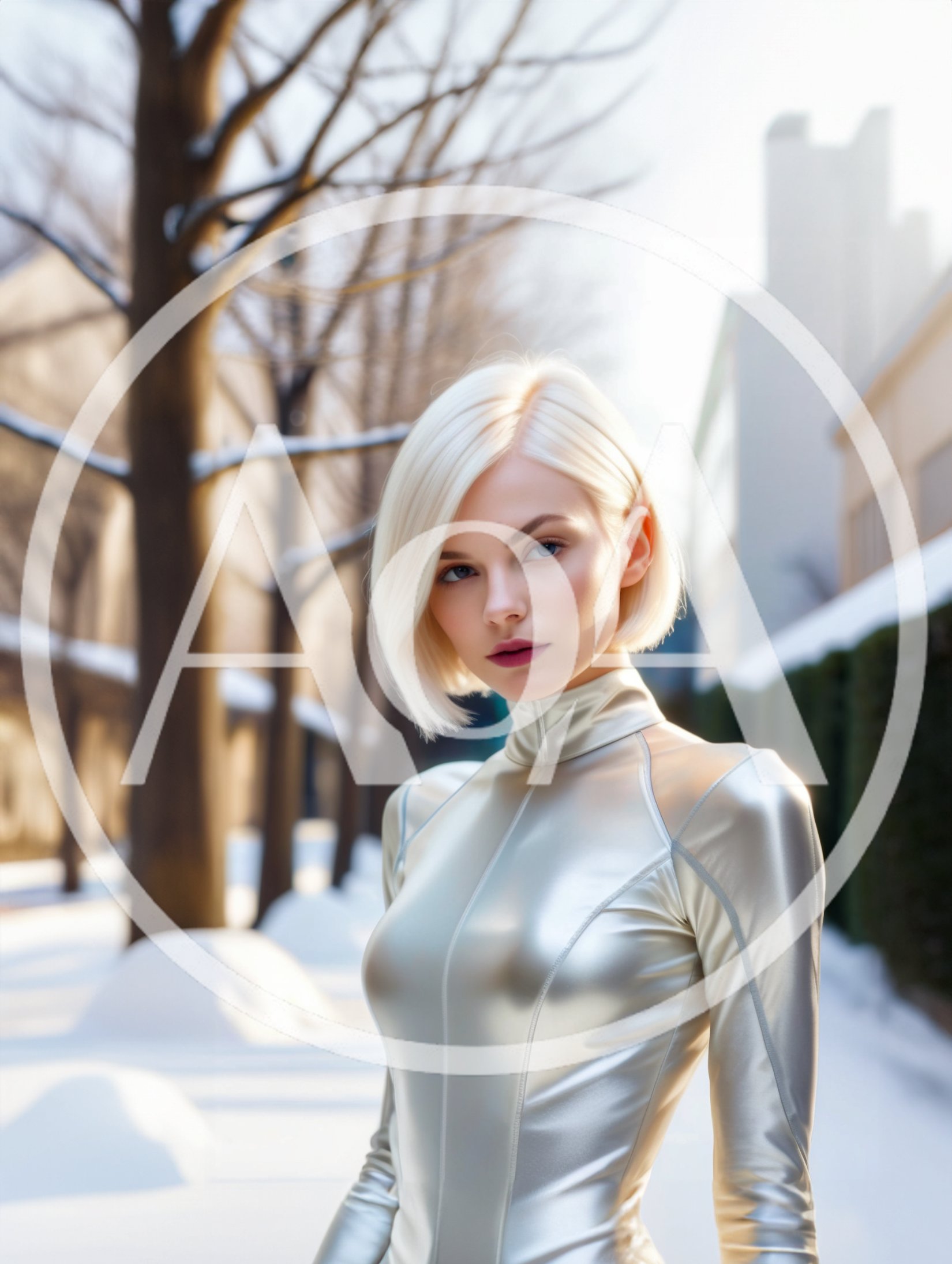 Portrait Of A Blonde Woman In A Metallic Bodysuit