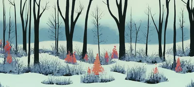 Stylized Winter Forest Landscape With Red Accents
