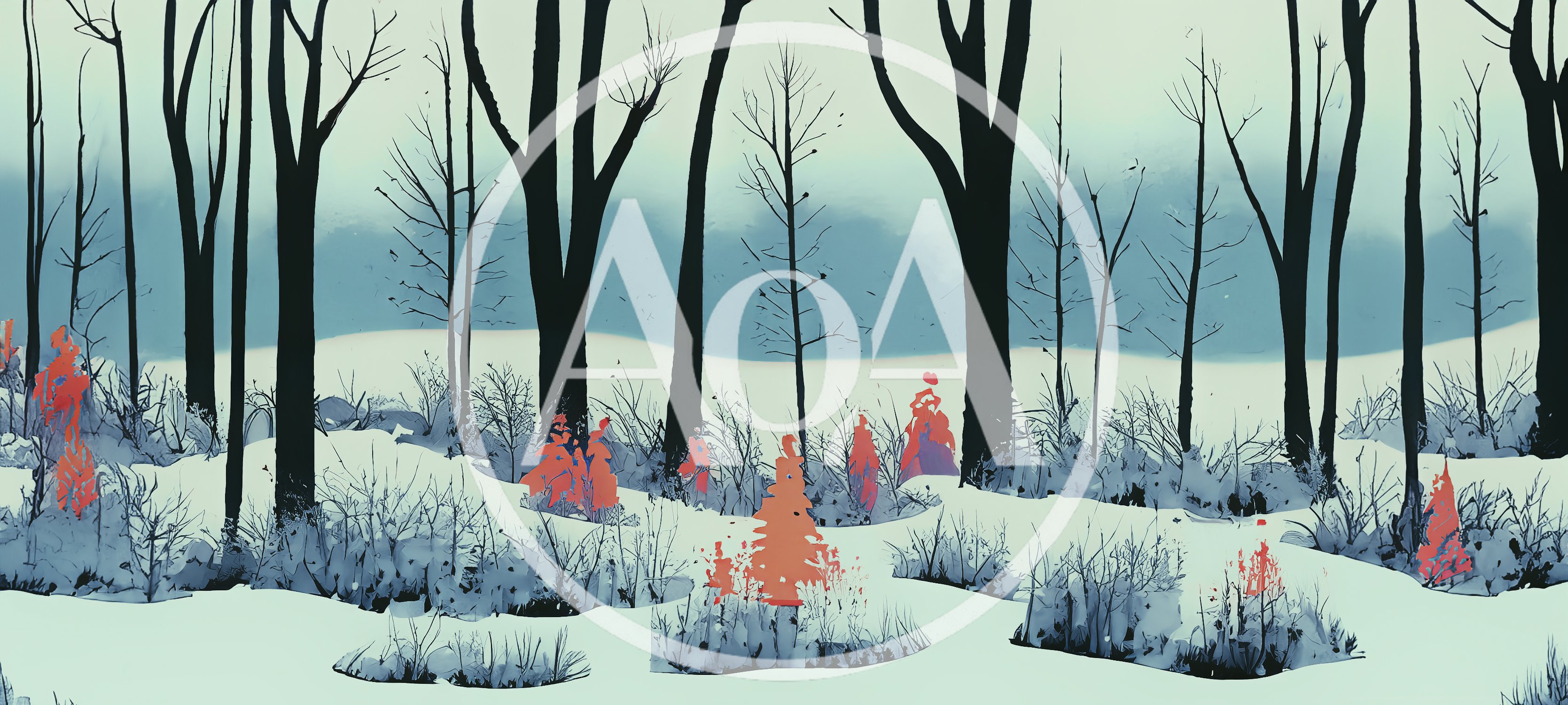 Stylized Winter Forest Landscape With Red Accents