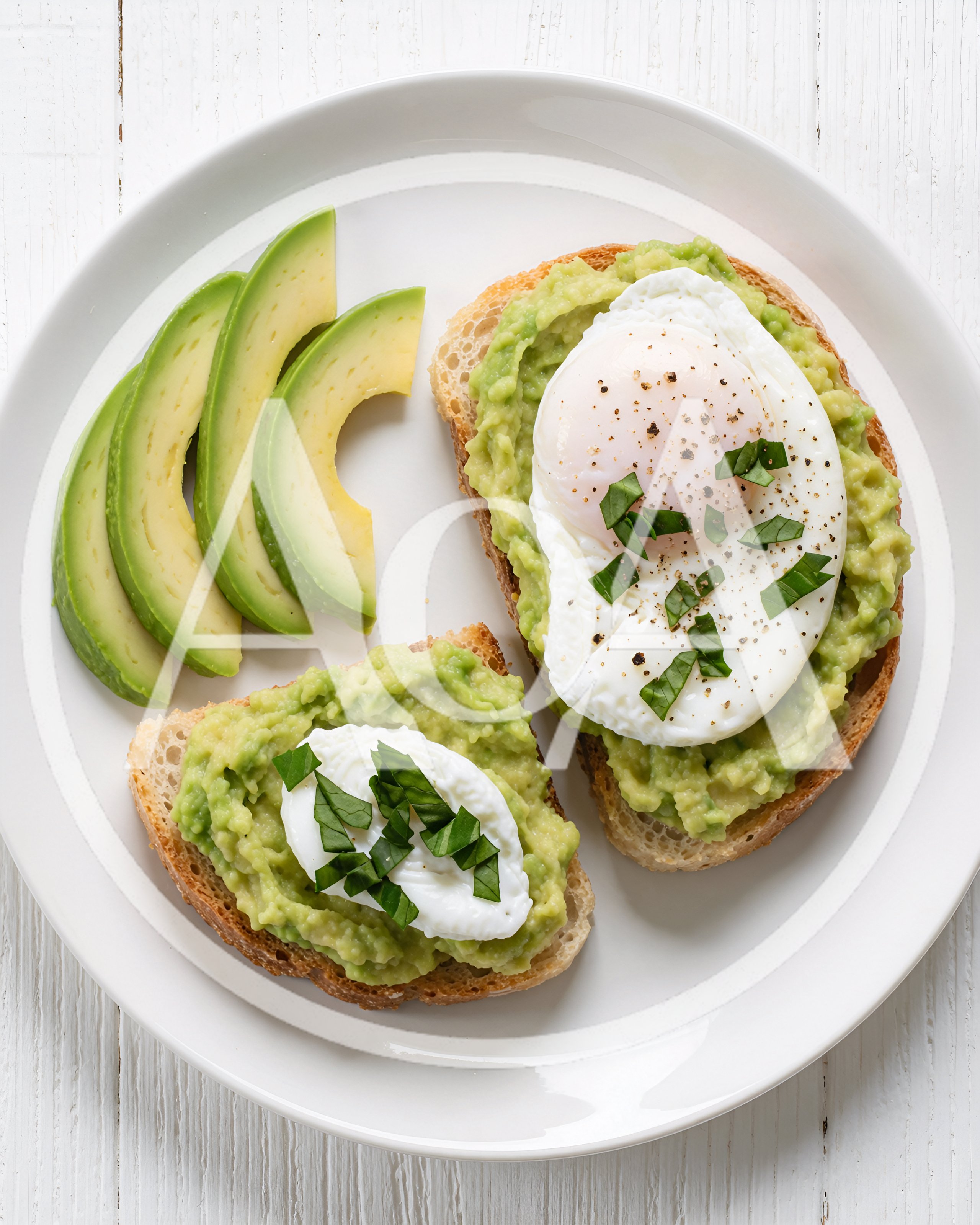 Avocado Toast With Poached Eggs On A White Plate
