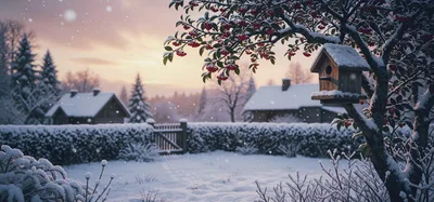 Snowy Winter Garden With Birdhouse And Berries
