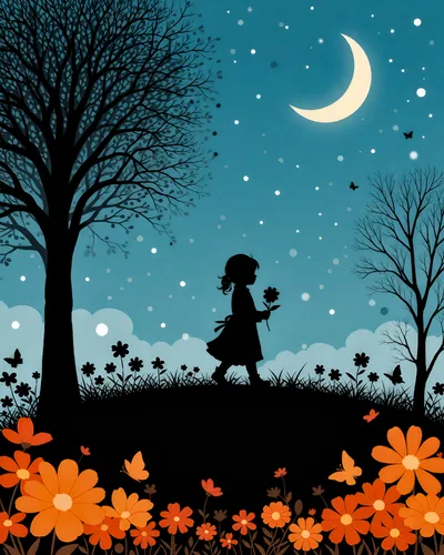 Silhouette Of A Little Girl Walking In A Meadow