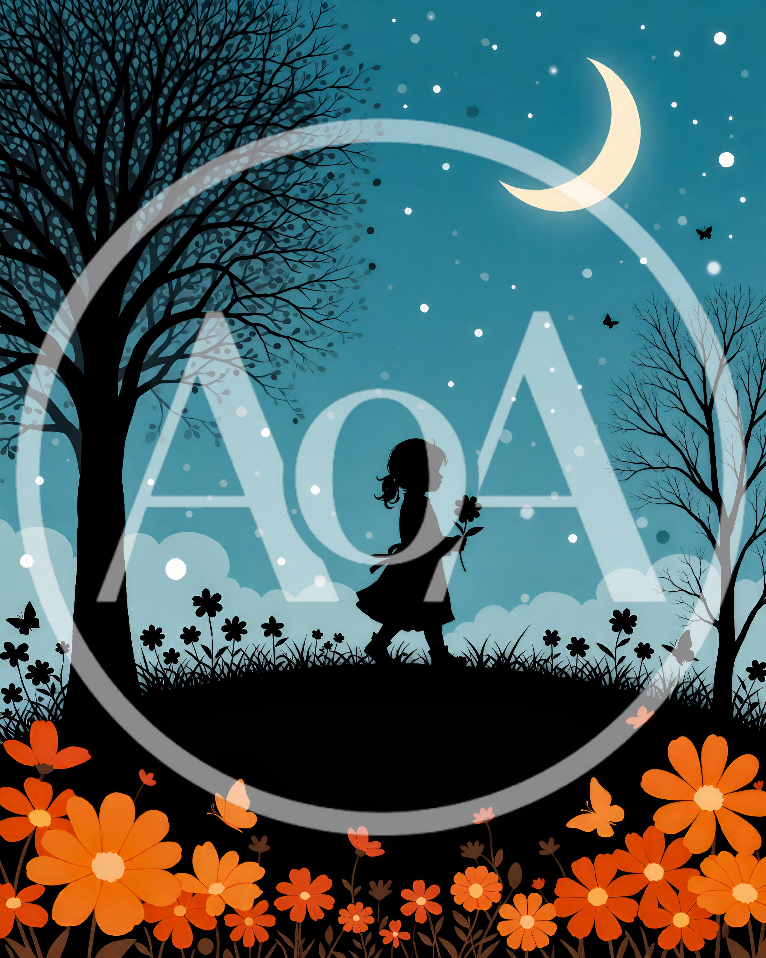 Silhouette Of A Little Girl Walking In A Meadow