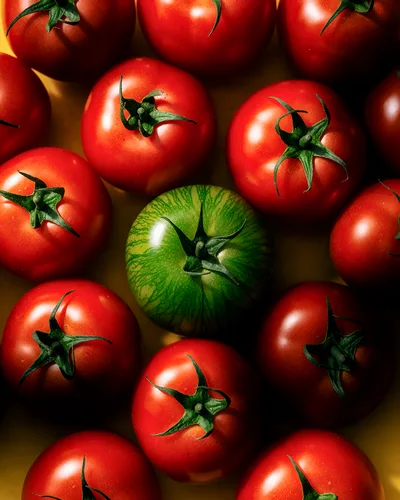 Green Striped Tomato Surrounded By Red Tomatoes