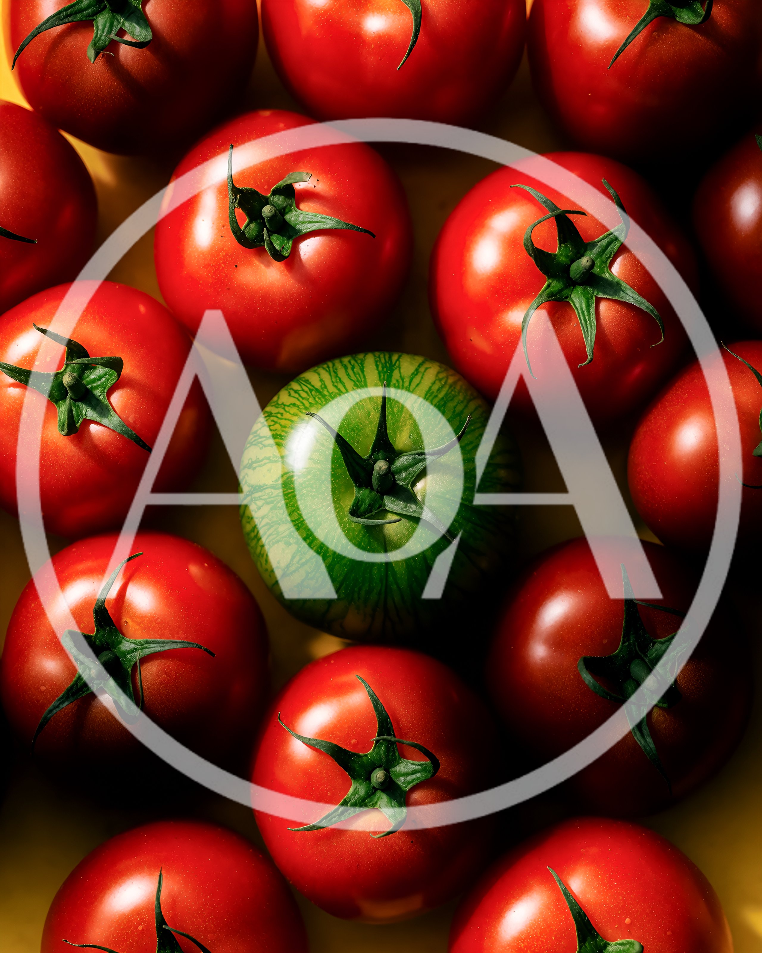 Green Striped Tomato Surrounded By Red Tomatoes