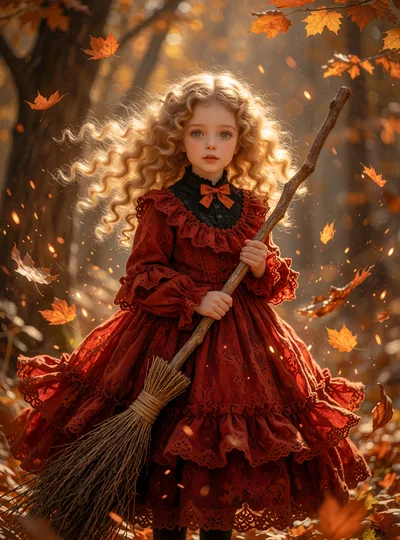 Young Girl Dressed As A Witch In Autumn Forest