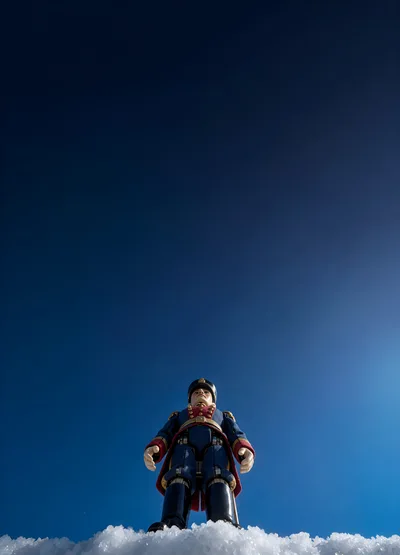 Toy Soldier Standing On Snow Against Blue Sky