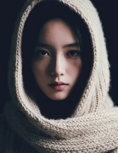 Portrait Of A Young Woman Wearing A Knitted Hood
