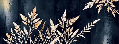 Watercolor Botanical Illustration With Golden Leaves On Dark Background