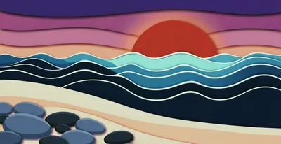 Paper Cutout Style Sunset Over Ocean Waves