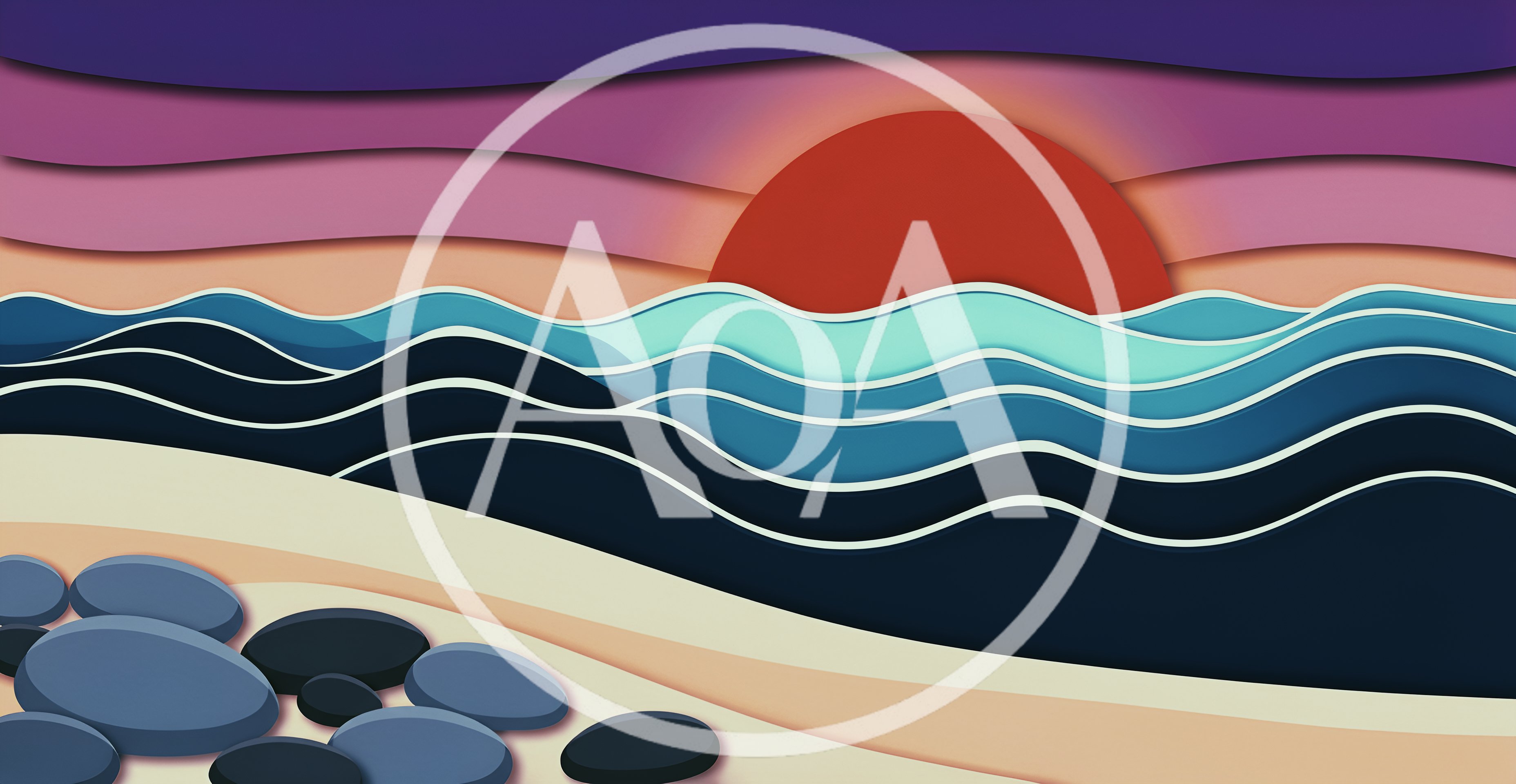 Paper Cutout Style Sunset Over Ocean Waves