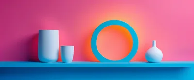 Minimalist Blue Vases And Geometric Ring On Shelf